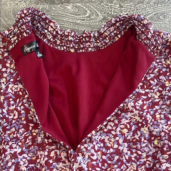 Crystal Doll Small Maroon Short Slewve Floral Mock Neck Dress - Picture 2 of 14